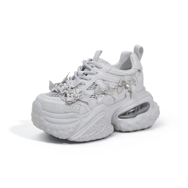 

10CM Height Increasing Summer Chunky Shoes for Women Breathable Synthetic Lace Dad Shoes Pearl Leisure Leather Sports Sneakers