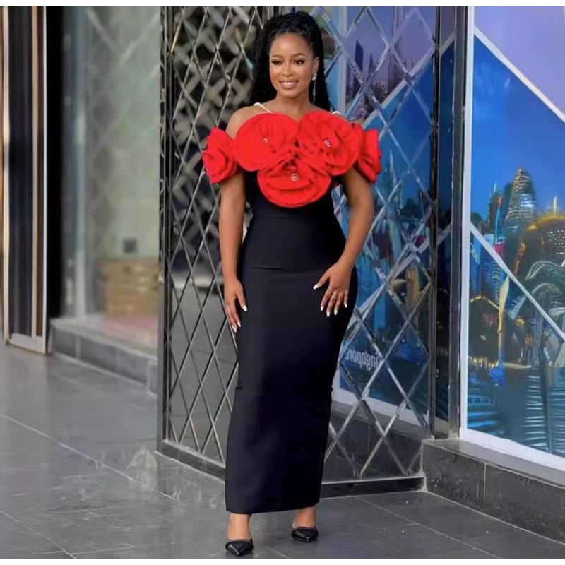 

Красное модное облегающее повседневное длинное бандажное платье без бретелек без рукавов с большим цветком