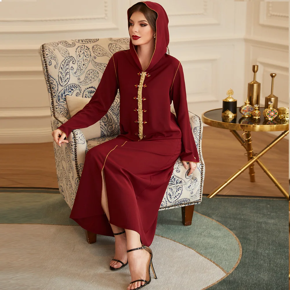 

Dark red orchid gold edge hand-sewn diamond hooded robe ABAYA Muslim, Middle Eastern fashion temperament Slim and thin elegant c
