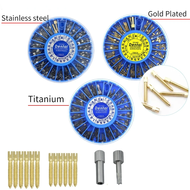 Poste de parafuso de aço inoxidável, Golden Plated Screw Post, Postes de titânio para odontologia, Ferramenta de odontologia, 120pcs por caixa