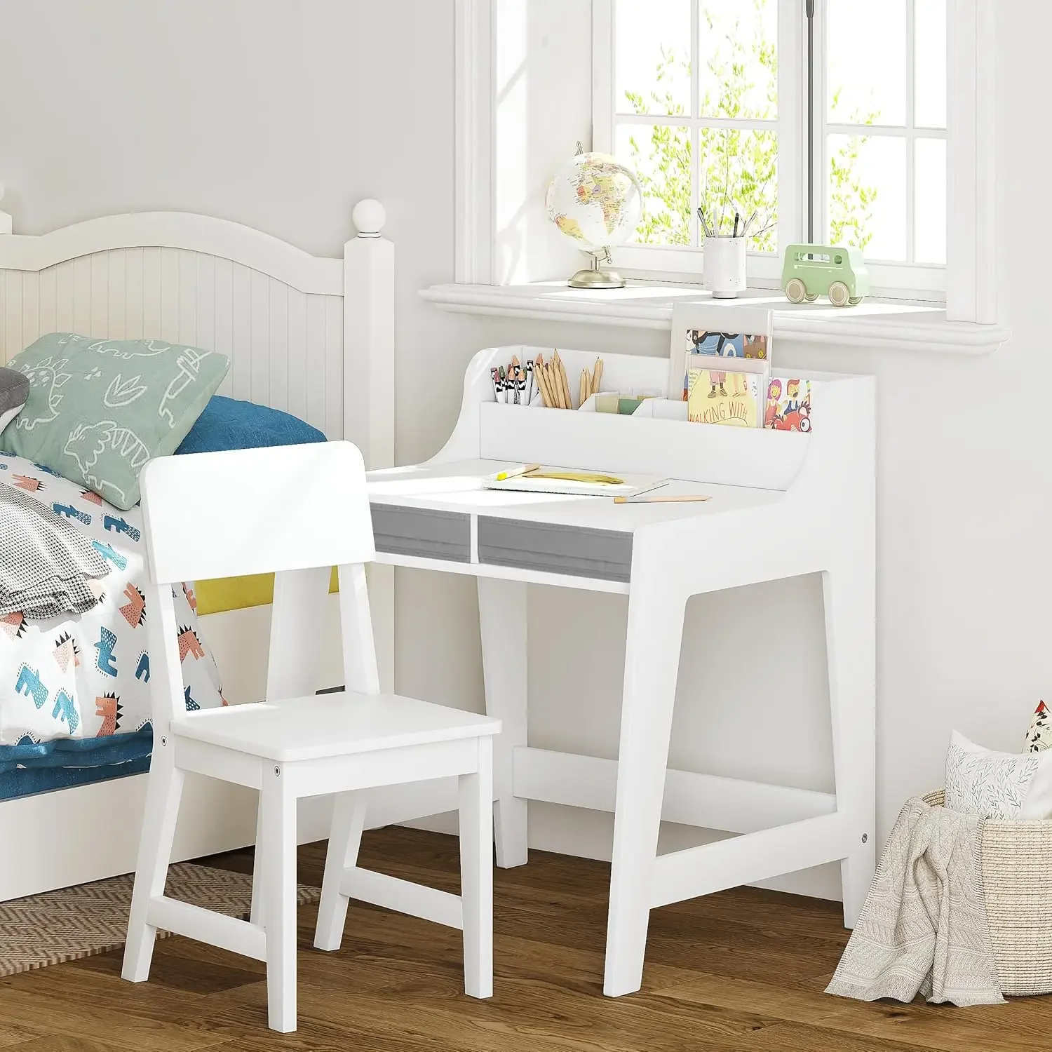 Kids Desk and Chair Set, Study Desk for Kids with Storage Bins, Wooden Children Study Table, Student Writing Desk for Bedroom &
