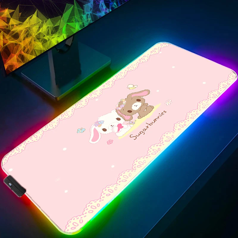 

Mouse Pad S-sugar Bunnies RGB Rubber PC Computer Gaming Accessories Kawaii 900x400 Mousepad Desk Mat LED Backlight Gamer Carpet