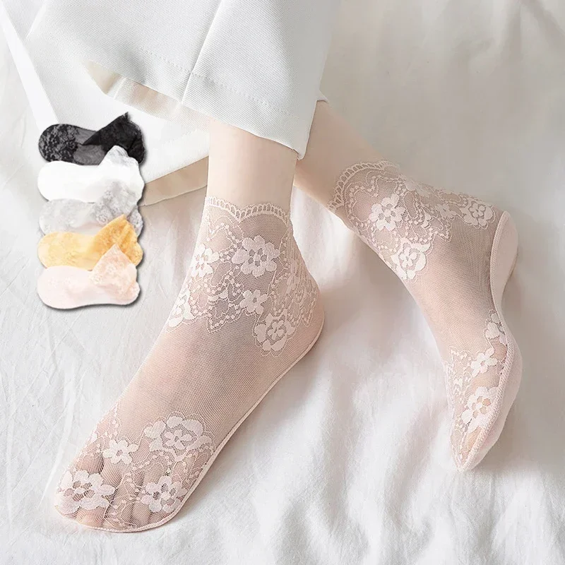 جوارب دانتيل رقيقة مزهرة للنساء ، Sheers ، Sheers ، Tulle ، شفافة ، السيدات ، الأبيض ، الأسود ، الصيف ، 5 أزواج