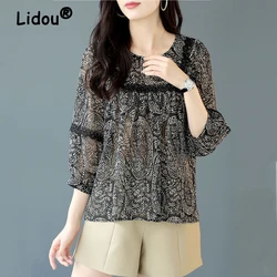 Elegant Fashion Korean Chiffon Shirts Women Loose O Neck 3/4 Sleeve Casual Blouses Vintage Printed Ladies Autumn Pullover Tops