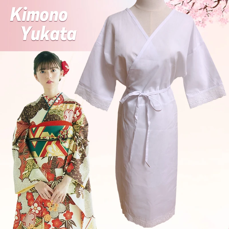 Women White Bottom Lining Dress Japanese Kimono Yukata Accessories Inner Wear Cotton Fabric Lace Underwear Intimate Clothing