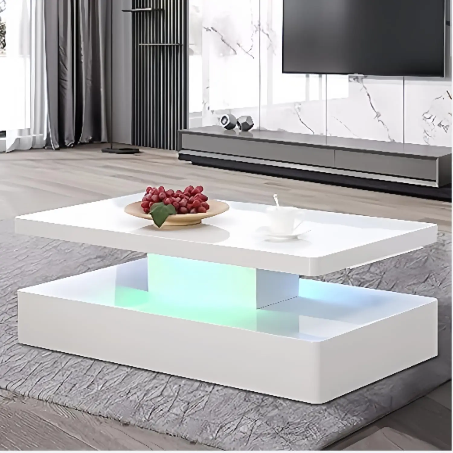 High Glossy Rectangler Center Table with LED Lights &2 Tier for Home Living Room (White)