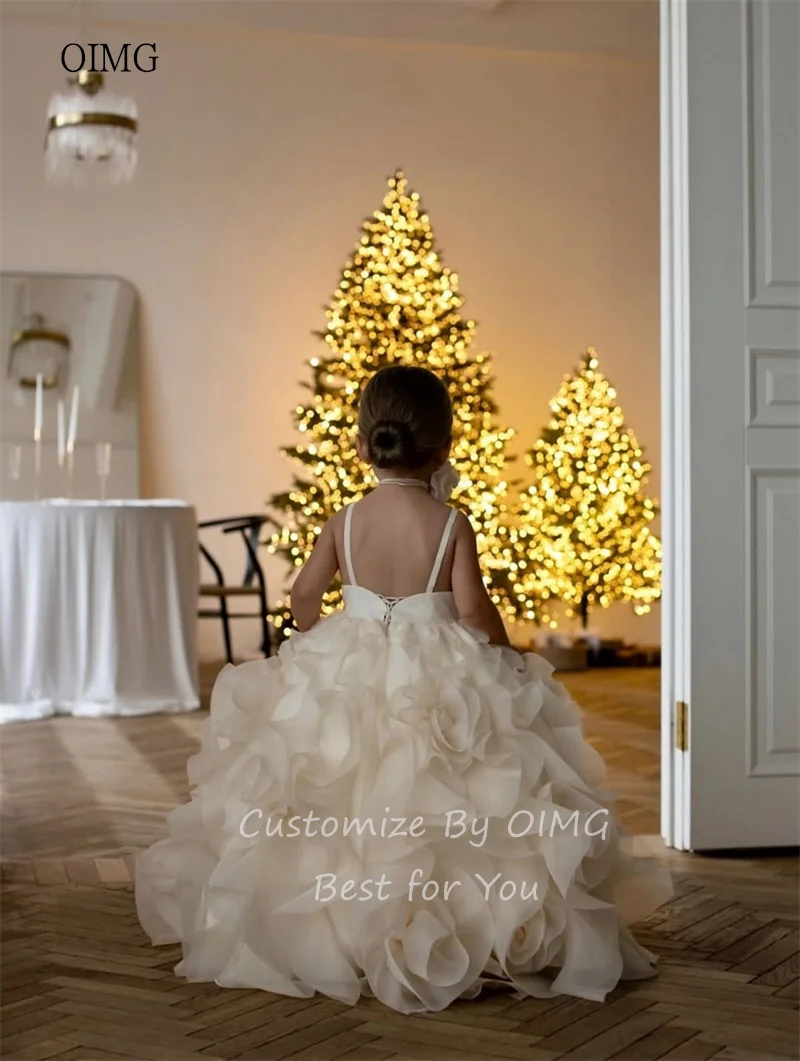 OIMG Opulent Spaghetti Strap Ball Flower Girl Dresses Ruffled Tiered Wedding Party Dress Floor Length Birthday Dress Customized