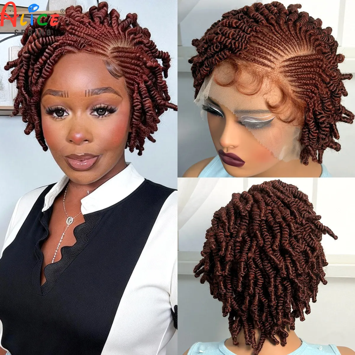 Short 350# Ginger Orange Bantu Braided Wigs Synthetic Full Lace Handmade Cornrow Braided Wigs with Baby Hair for Black Women