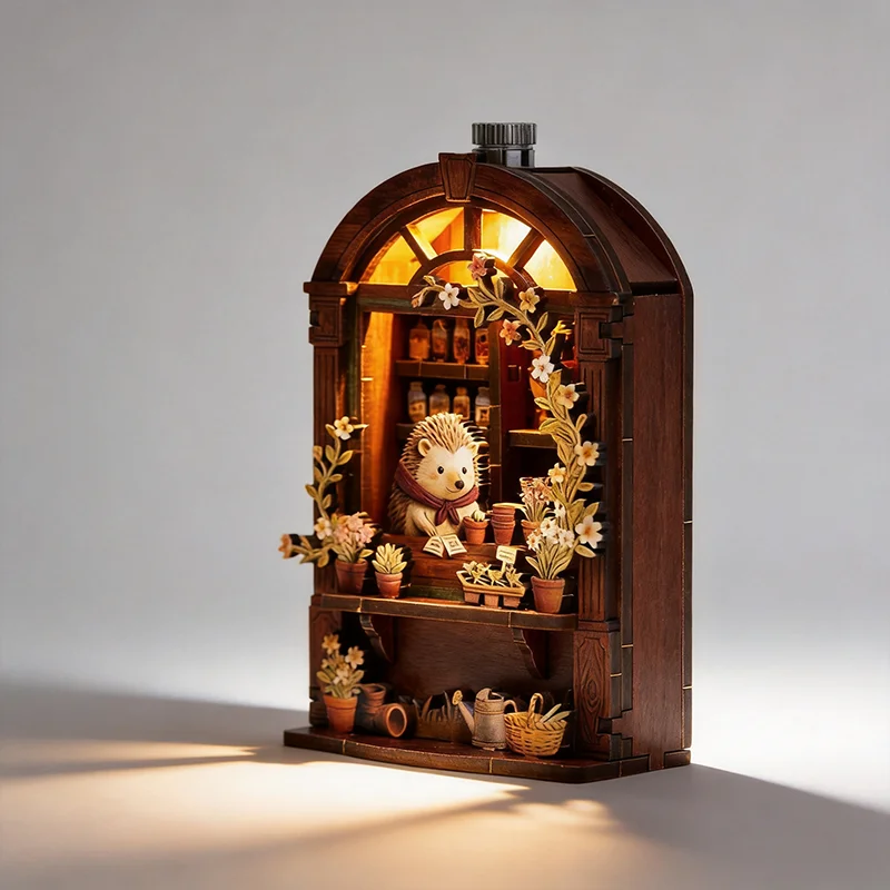 Hedgehog Florist Book Nook Kit Wooden DIY with LED Light Cute Animal Gift for Plant Lovers Home Decor