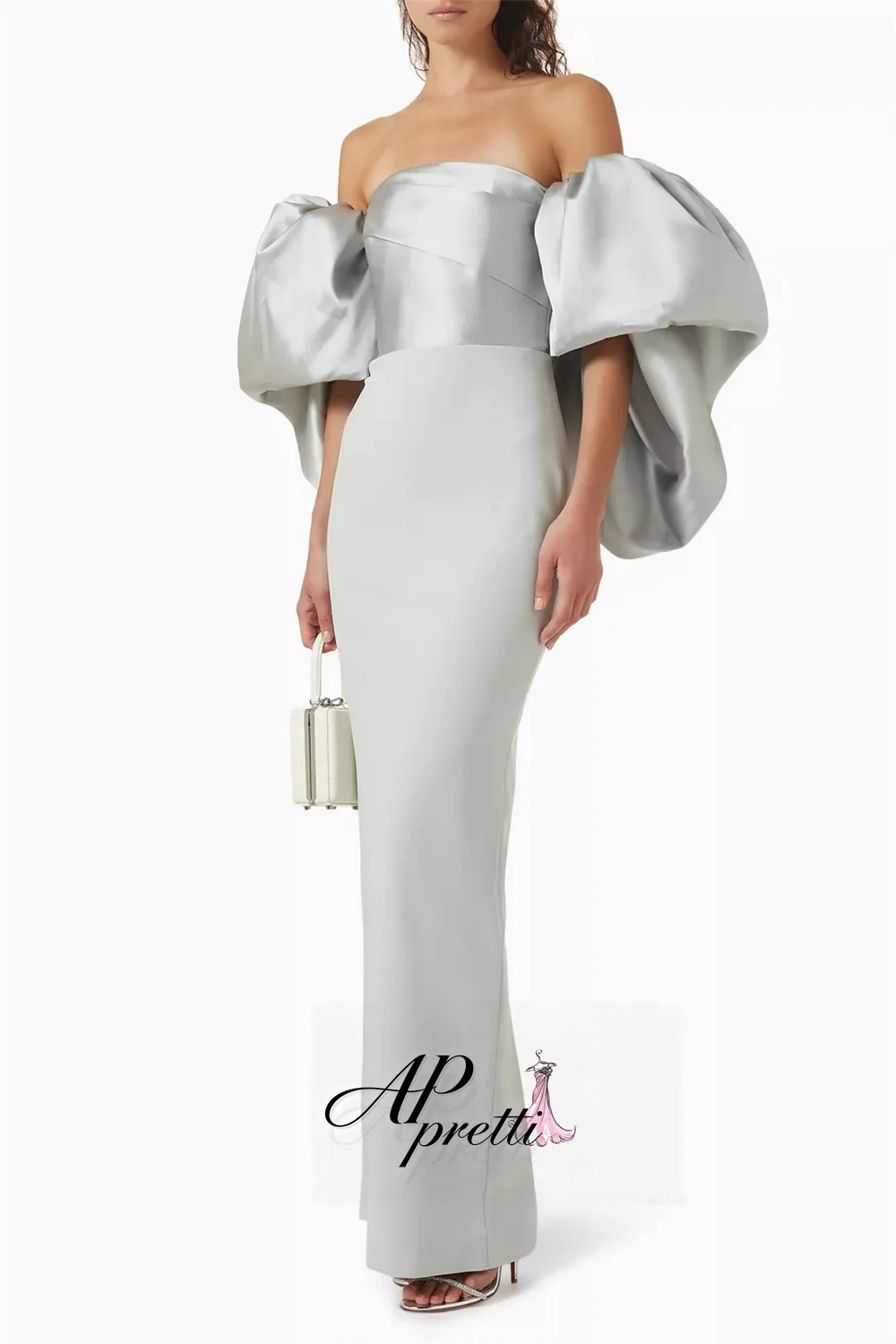 AP pretti Silver-Gray Strapless Mermaid Trumpet Saudi Reception Dress Detachable Short Sleeves Formal Evening Gown Customized ﻿