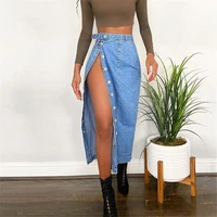 Casual Mid-Length Denim Skirt High Waist A-Line Skirt with Slit for Women Commute Pure Color Long Skirt with Button Detail - Image 4