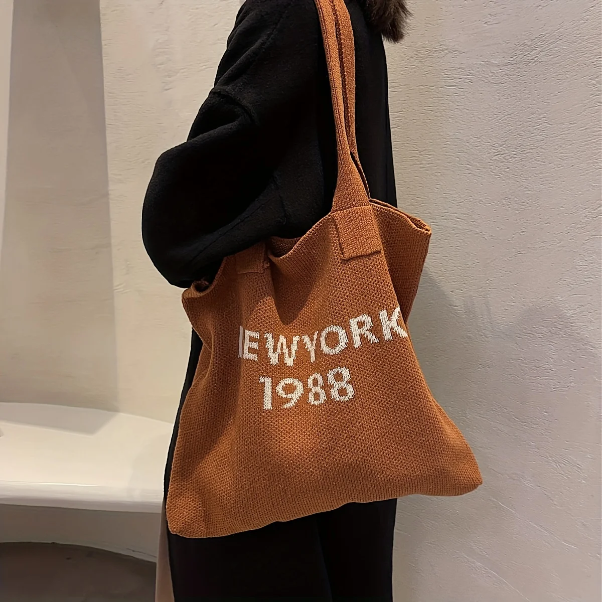 1998 Letter Graphic Knitted Tote Bag, Y2K Grunge Handbag Shoulder Bag, Large Capacity Handbag Hobo Bag & Grocery Shopping Bag