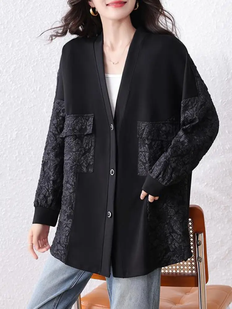 

Французский женский черный лоскутный кружевной пиджак с v-образным вырезом для отпуска и длинными рукавами, осенне-зимний элегантный универсальный однобортный топ