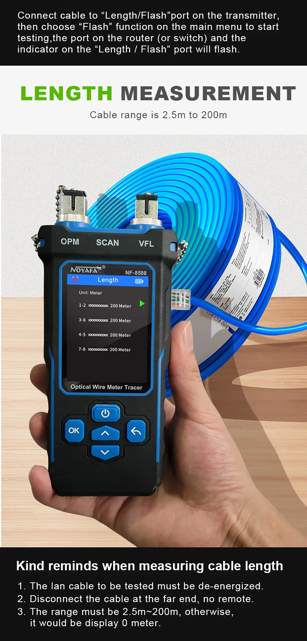 NF-8508 Kabeltester Tracker Länge messen Wiremap LCD PoE-Test VFL & OPM CAT5 CAT6 RJ45 Tester Kabellocator Inspektionswerkzeuge – Detail 6