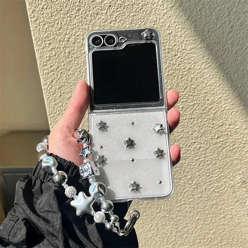 Silver Star Chain เคสโทรศัพท์สําหรับ Samsung Galaxy Z Flip 6 5 4 3 ป้องกันด้านหลังสําหรับ ZFlip4 ZFlip5 ZFlip6 กรณี