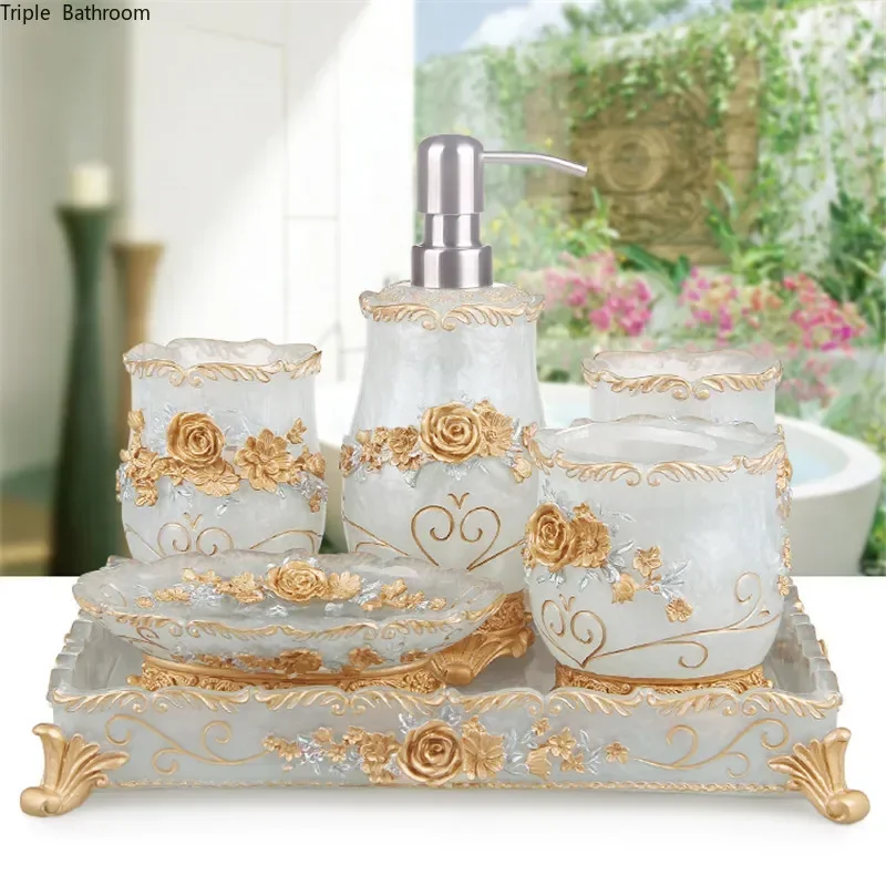 European Resin bathroom set tooth brush holder Soap Dispenser soap box Tray bathroom decoration accessories Wedding gifts