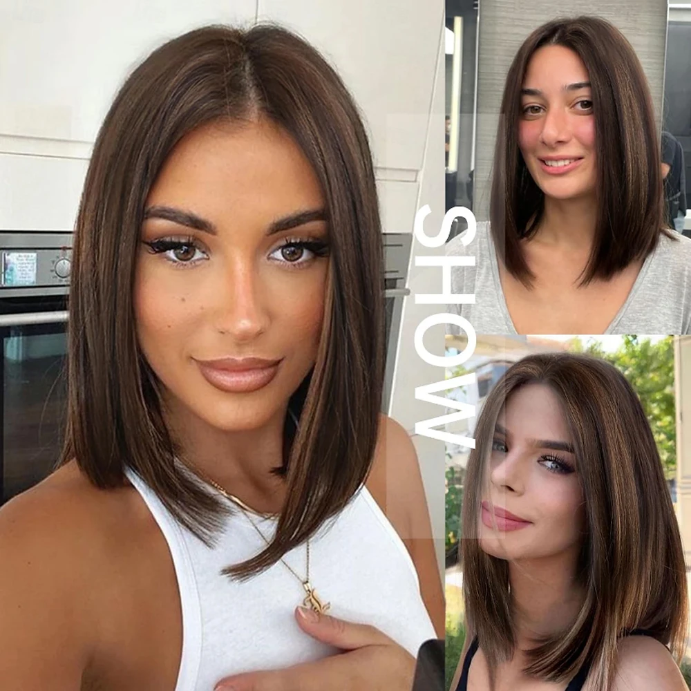 HAIRJOY  Synthetic Hair Wig Bob Wigs for Women Brown  Wig with Highlights,Short Straight Bob Wig  Middle Part  Wigs image 4