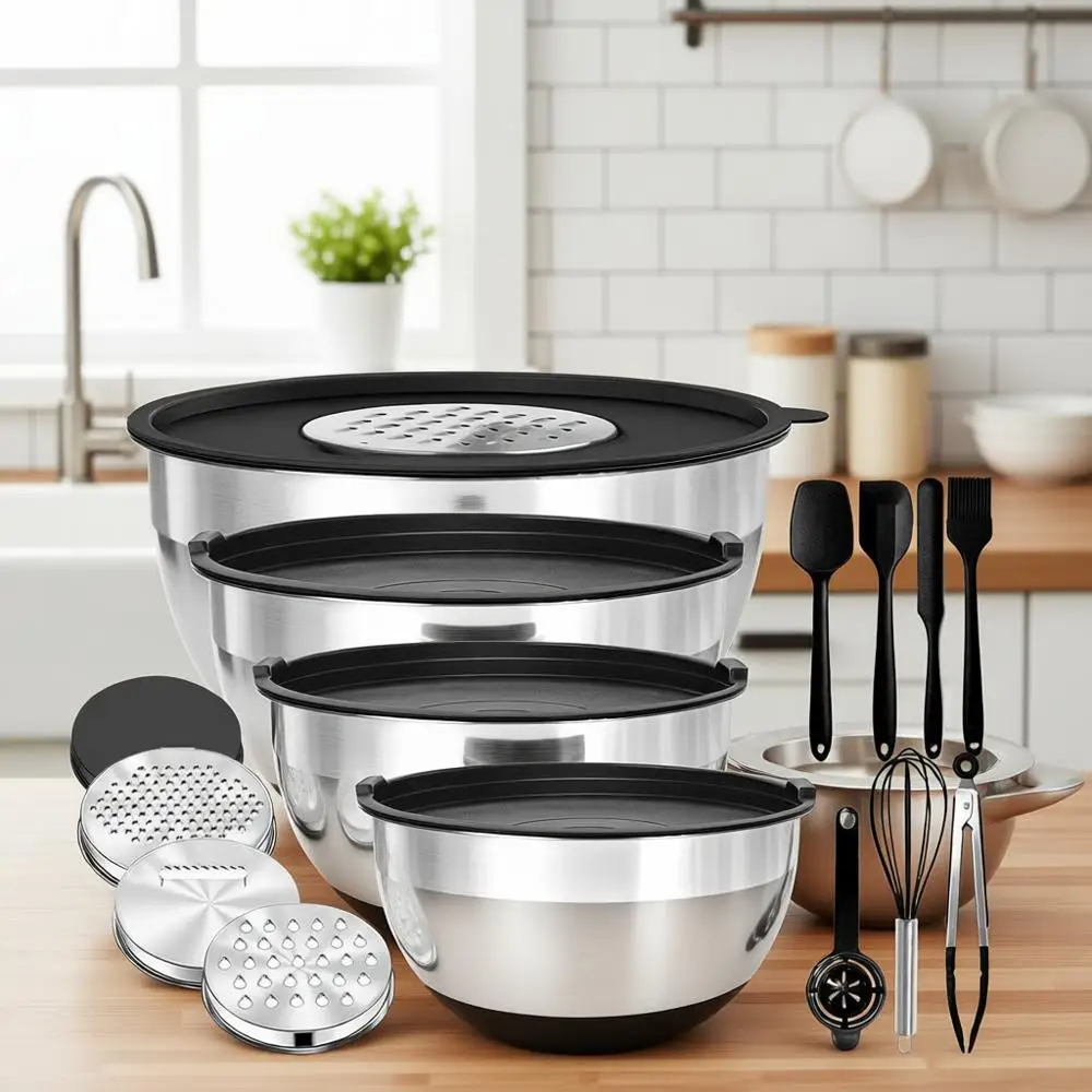 

Премиальный набор из 30 предметов: миски для смешивания из нержавеющей стали с крышками, 6 мисок, терки, силиконовые кухонные принадлежности, черный цвет