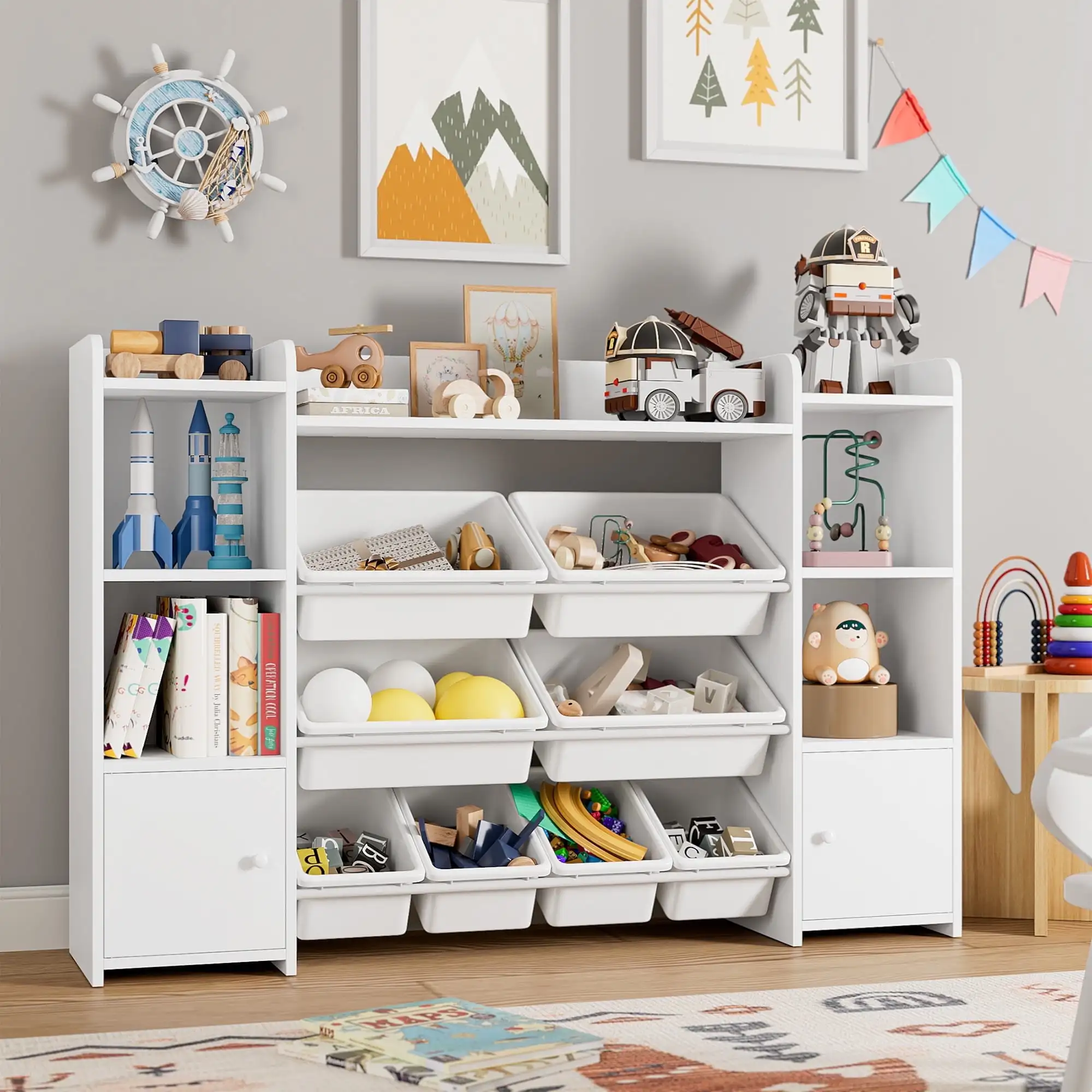 Kids Toy Organization Cubby Bookcase with 8 Bin, 2 Door White Storage Organizer Bookshelf for Children Room Playroom