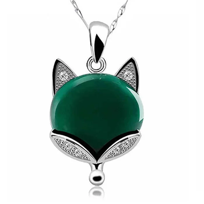 

Natural Green Jade Fox Pendant Necklace 925 Silver Jadeite Chalcedony Amulet Fashion Charm Jewelry Gifts for Women Her