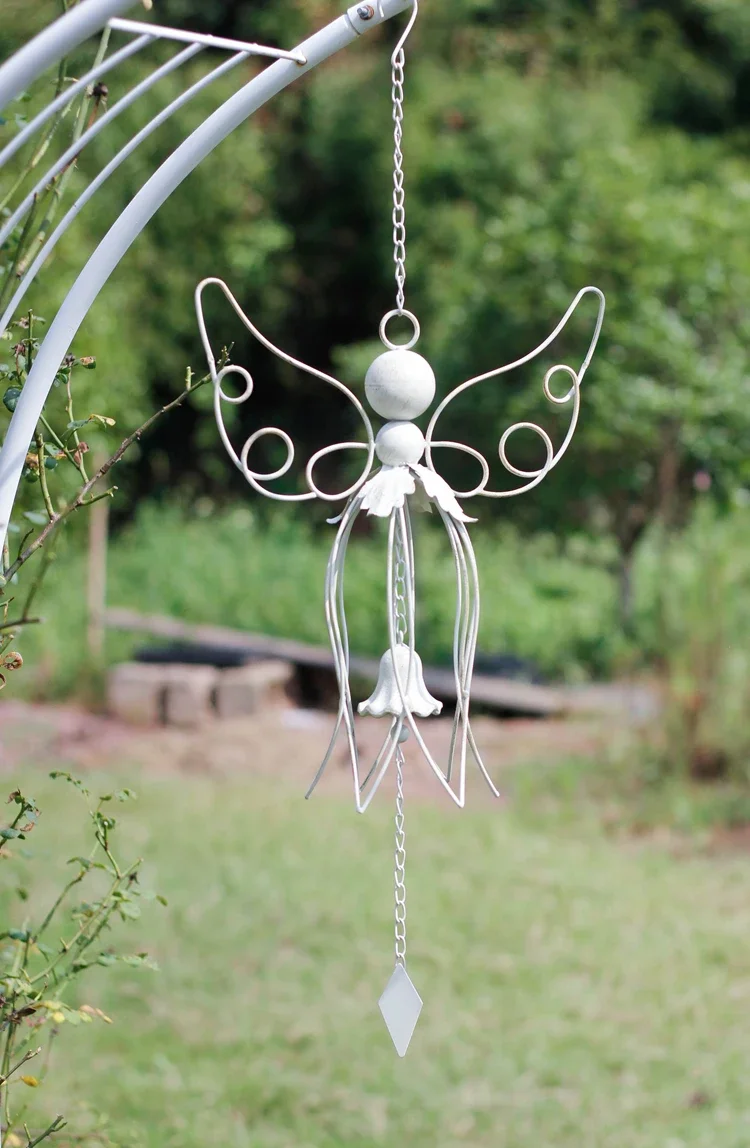 Antique White Blue Iron Big Angel Wind Chime European Home Garden Decor Metal Flower Fairy Hanging Wind Bell Outdoor Decorative