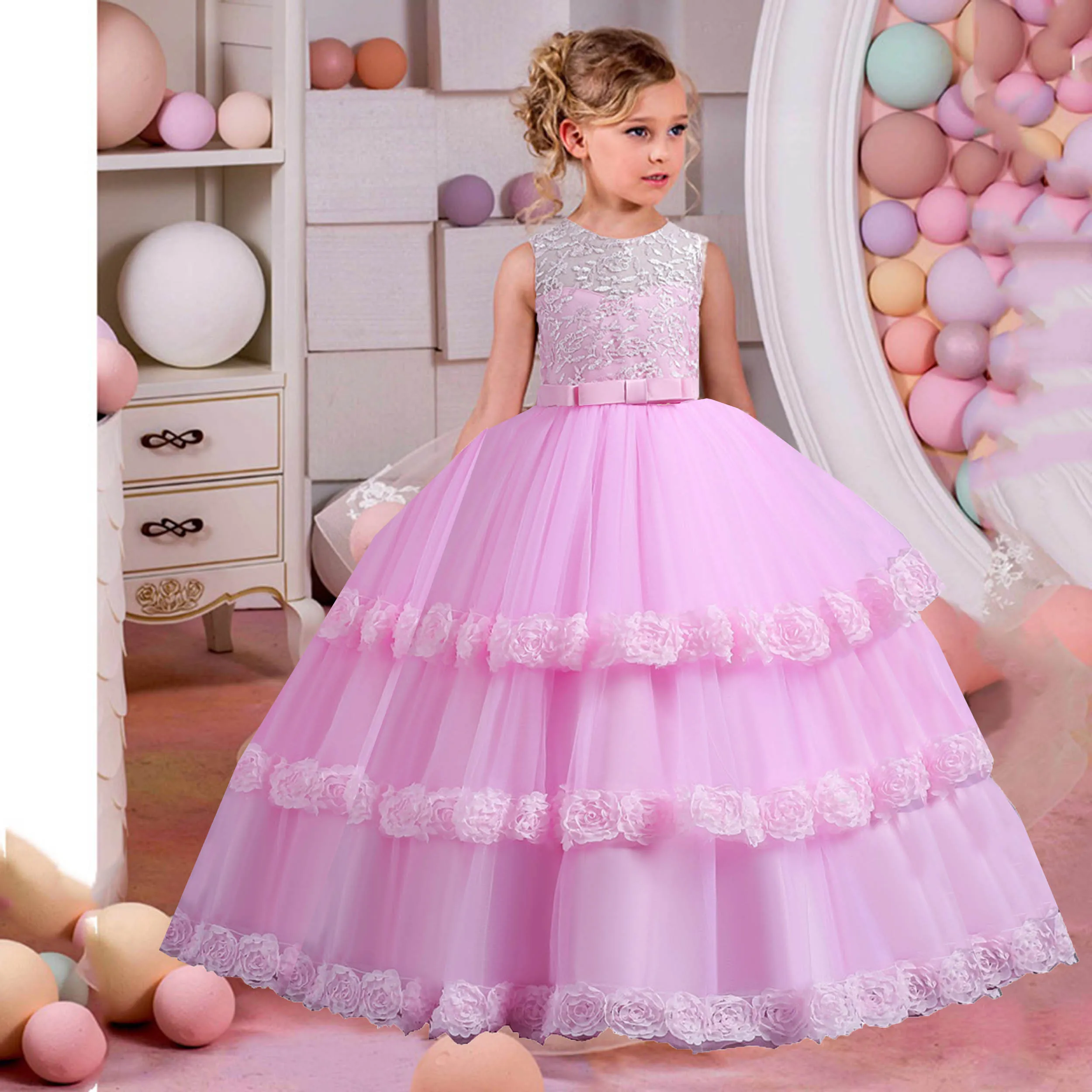 

Shiny Toddler Little Big Girls Lace Appliqued 3D Flower Girl Birthday Party Ball Gown Floor Length LS5503