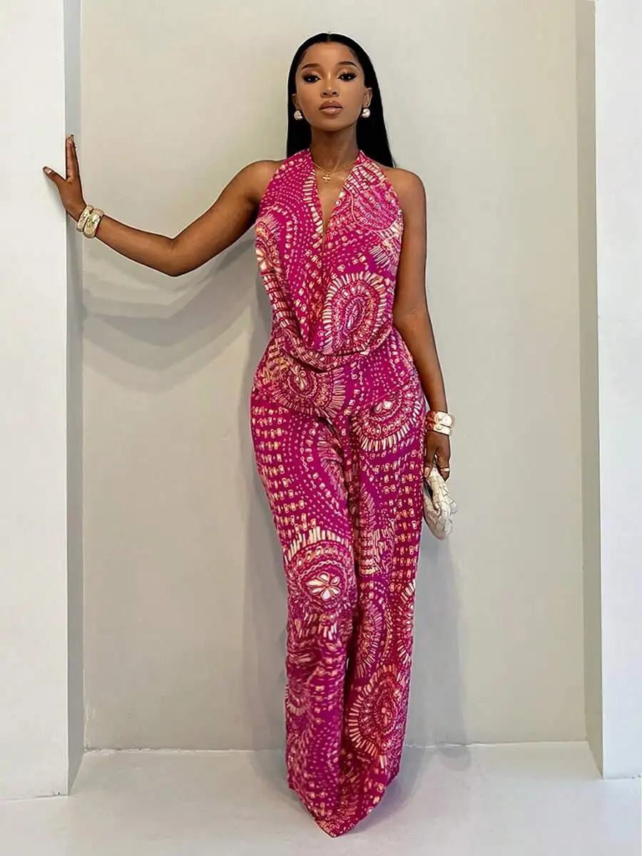 

Fuchsia Printed Draped Halter Neck Wide Leg Pants 2-Piece Set Casual Vacation Outfit