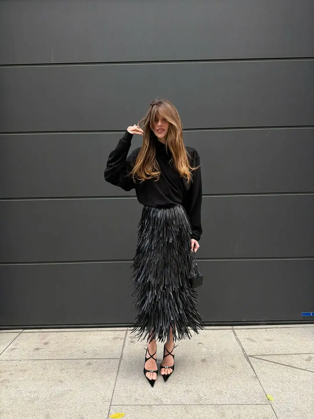 Women Black Faux Leather Fringe Midi Skirt High Waist Side Slit Multi Layer Tassel Skirt Party Club Stage Elegant Ladies Skirt