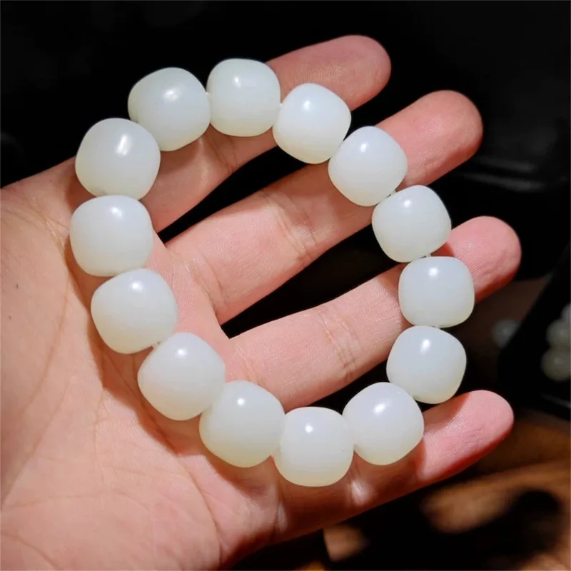 Hetian Sheep Fat White Jade 15X16Mm Russian Material Old Style Bead Bracelet Men