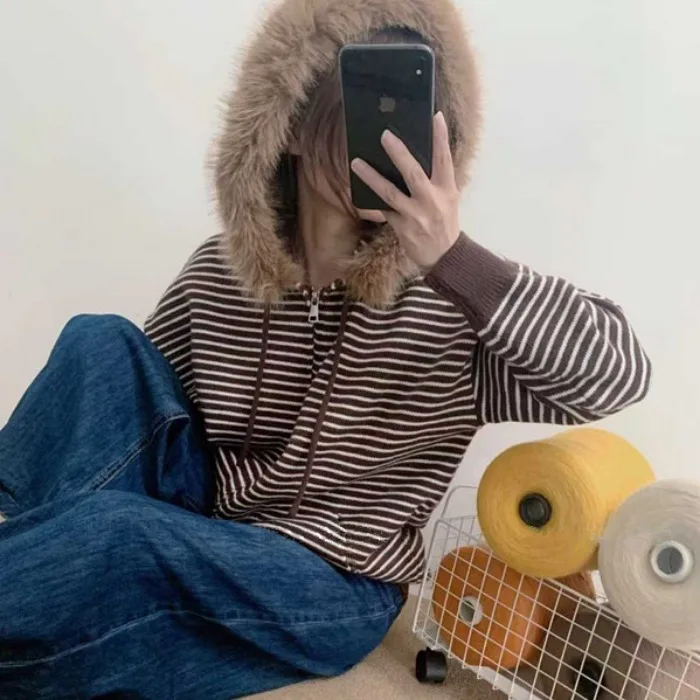 

Женское осенне-зимнее новое пальто с капюшоном в полоску в стиле ретро, свободная вязаная верхняя одежда с двойной молнией, толстовка, открытый кардиган, топ