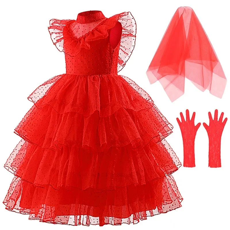 Beetle Juice Kids Red Wedding Dress Girls Halloween Lydia Deetz Costuems Toddler Character Bride Cosplay Outfit with Veil Gloves