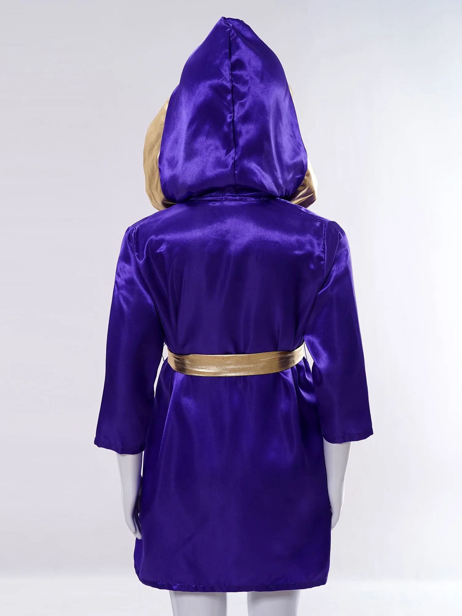 Boys Boxing Clothes Long Sleeve Metallic Satin Cardigan Hooded Cloak Robe with Belt Halloween Carnival Boxer Cosplay Costume