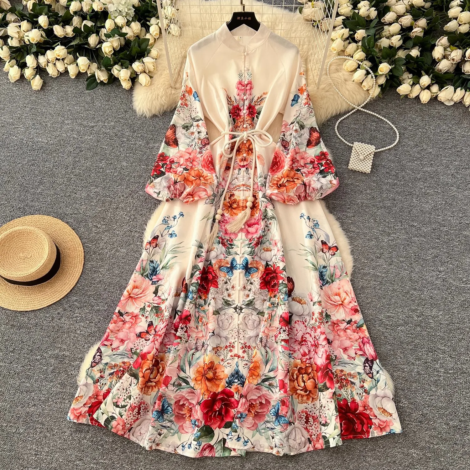 

2025 Spring Gorgeous Flower Linen Dress Women's Stand Long Lantern Sleeve Single Breasted Floral Print Sashes Robe Party Vestido