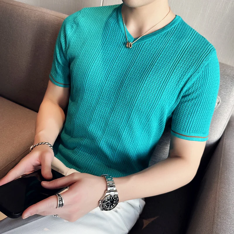 British Style Summer Thin Ice Silk Hollow Knitted T-shirt Mens Elasticity Mesh Casual V-neck Short Sleeve Breathable T Shirt