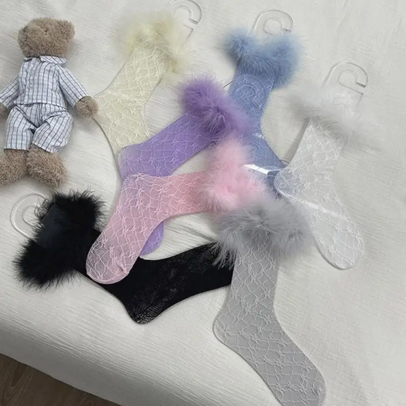 P88A الجوارب النسائية الدانتيل العجل الجوارب بلون شبكة جوارب الركبة جوارب فروي الزخارف #3