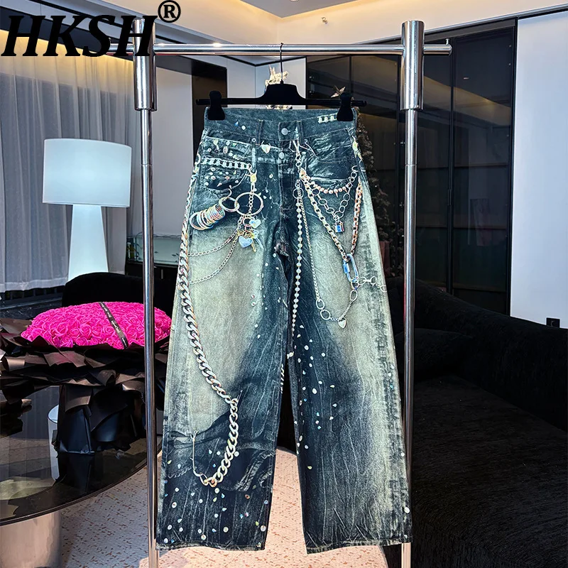 

HKSH 2026 Spring Autumn New Men Tide High Street Denim Pants Gold Chain 3D Printed Loose Straight-Leg Vintage Chic Jeans HK21162