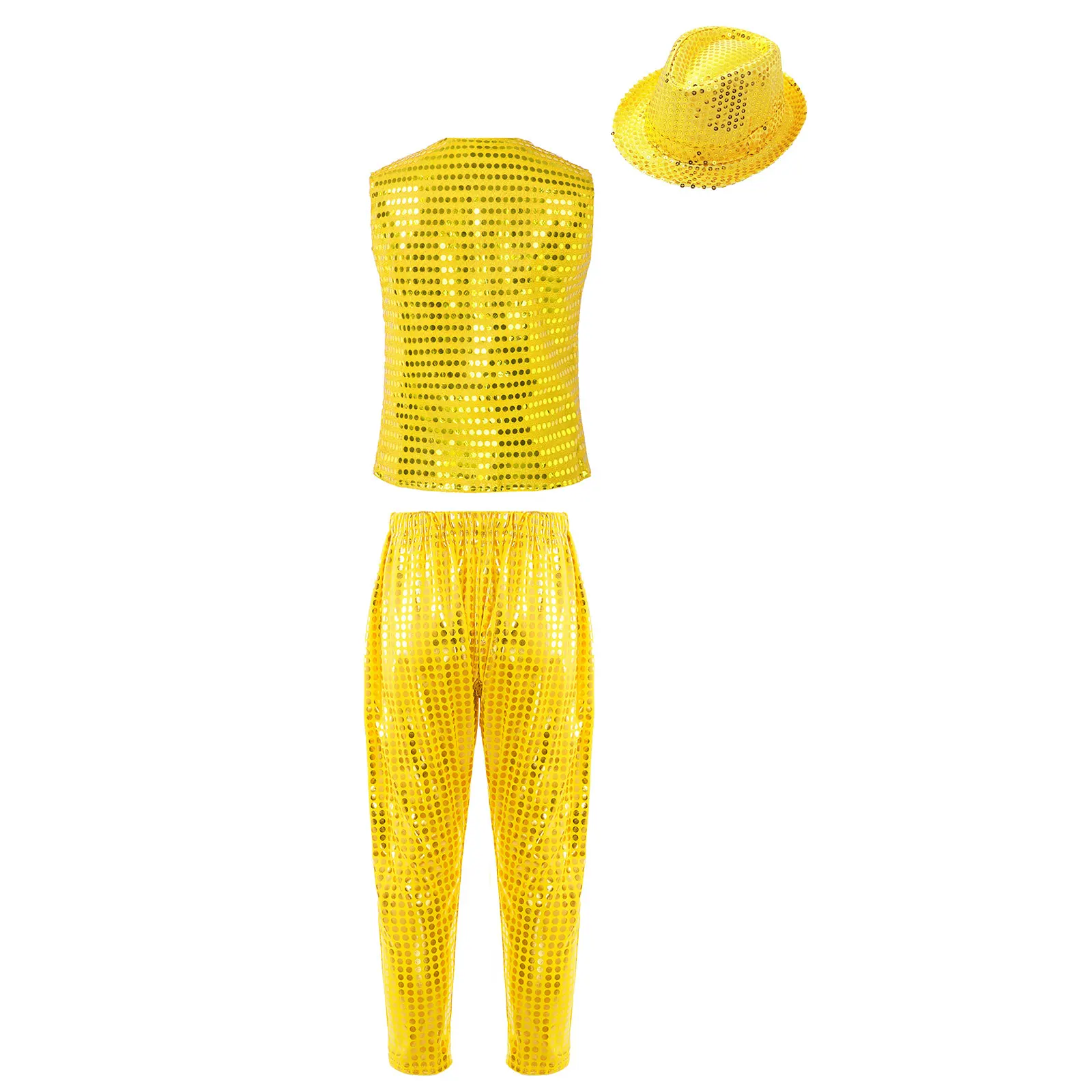 Boys Girls Sleeveless Sequins Vest with Pants Hat Outfit Hip Hop Jazz Cheerleading Dance Performance Dancewear for School Party