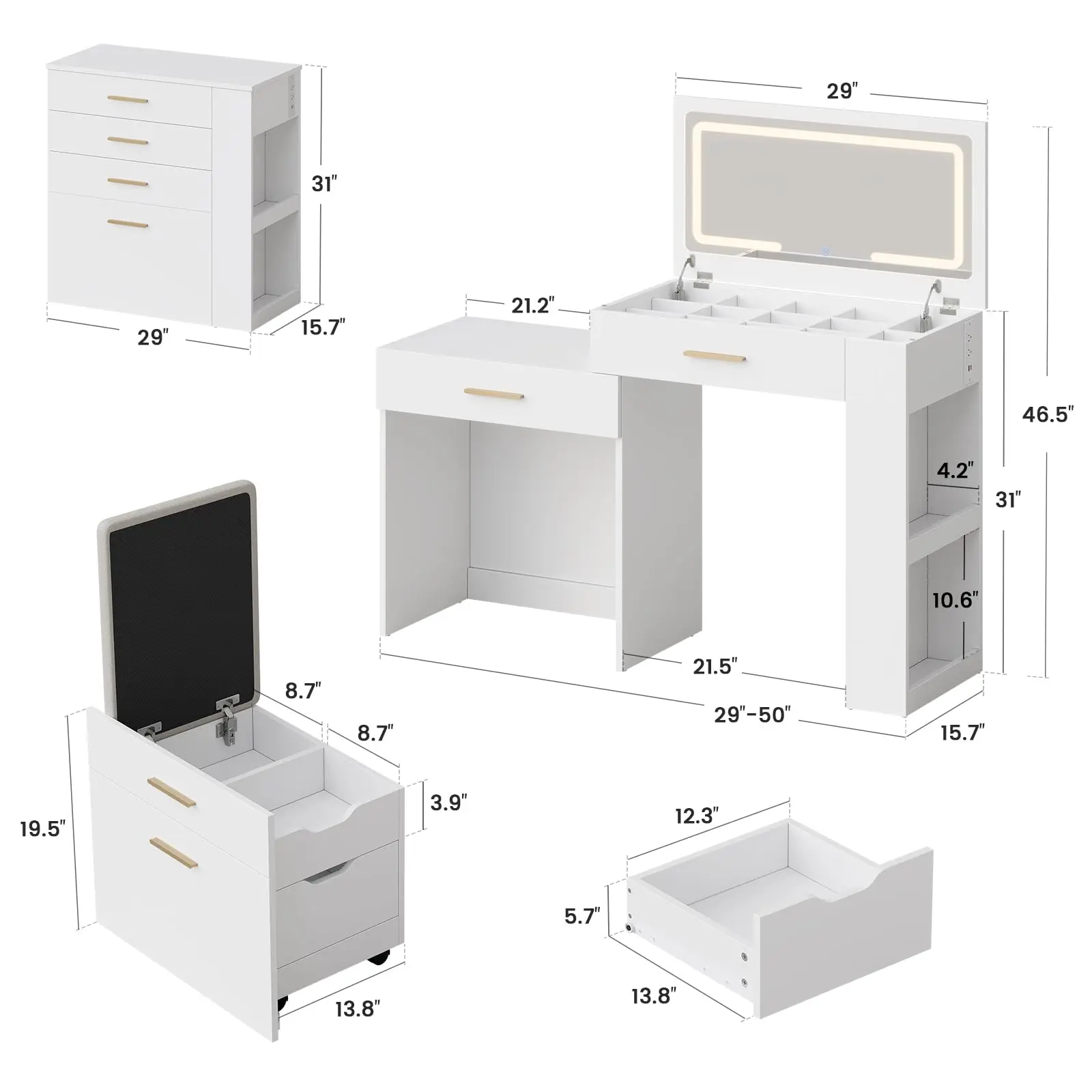 4 in 1 Desk with Mirror, LED Light, Small Makeup Set