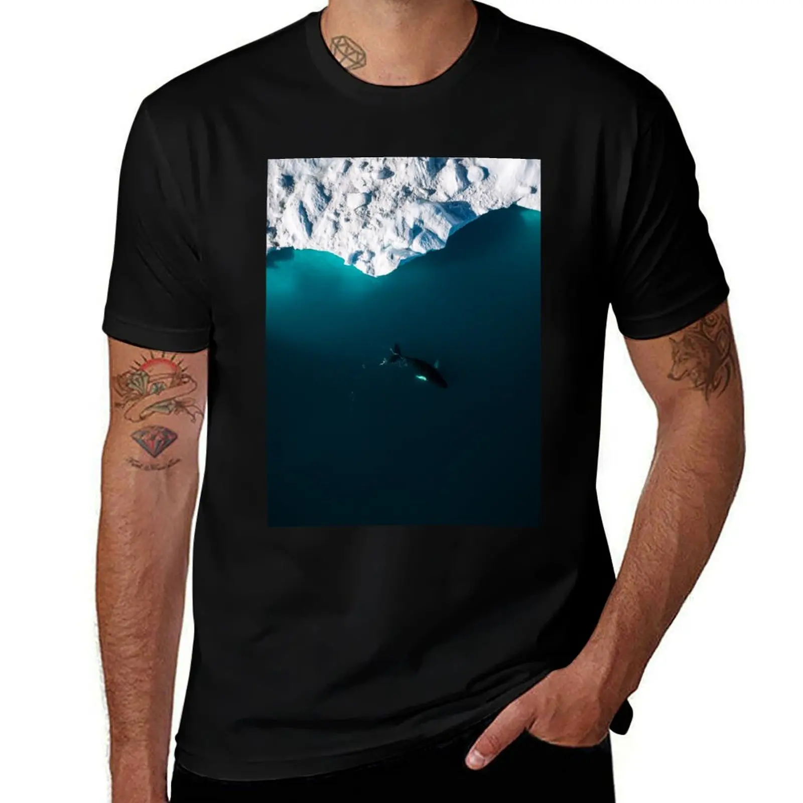 Aerial of a lone Humpback whale in front of an iceberg in Greenland T-Shirt t shirts for man graphic vintage T-Shirt