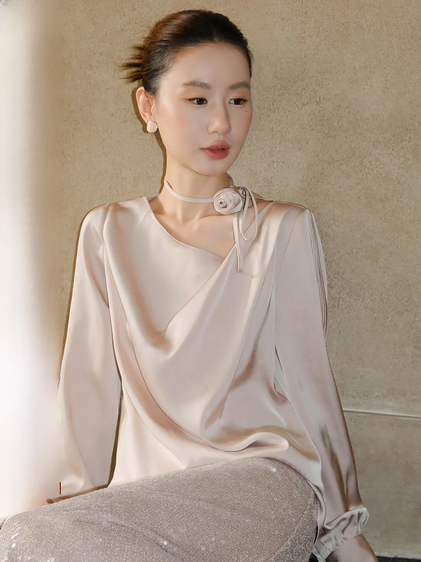 

XXNING Rose Print Silk Tie Women's irt Faionable Early Autumn New Sle Loose Fit Long Sve Skin-friendly Breathable