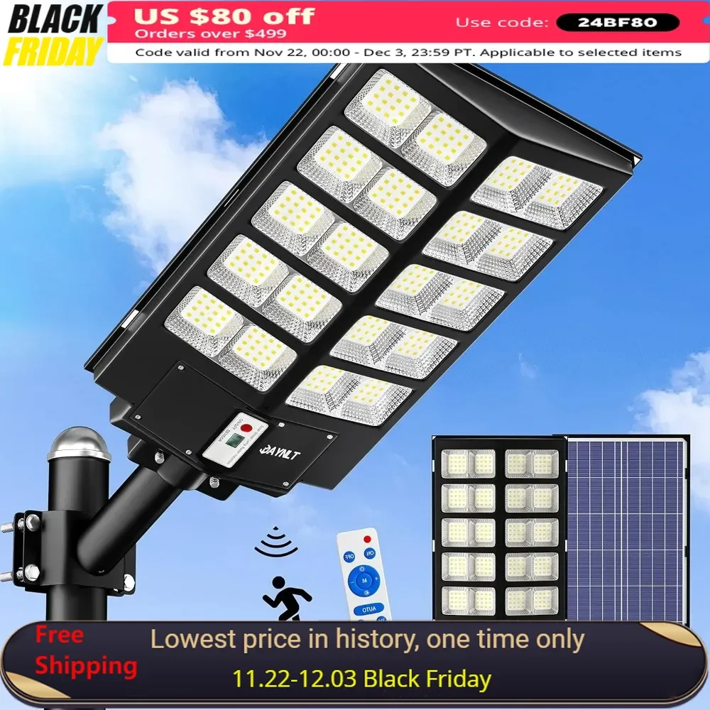 3200W Solar Street Lights Outdoor,6500K Parking Lot Lights Dusk,Waterproof Solar Security Flood Lights with Motion Sensor