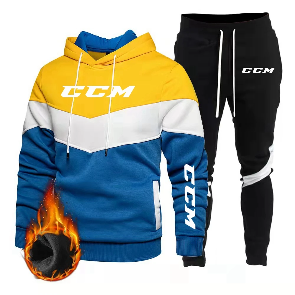 Conjunto de moletom com capuz masculino com velo, calça sanitária grossa e quente de 3 cores, moda primavera e outono, CCM