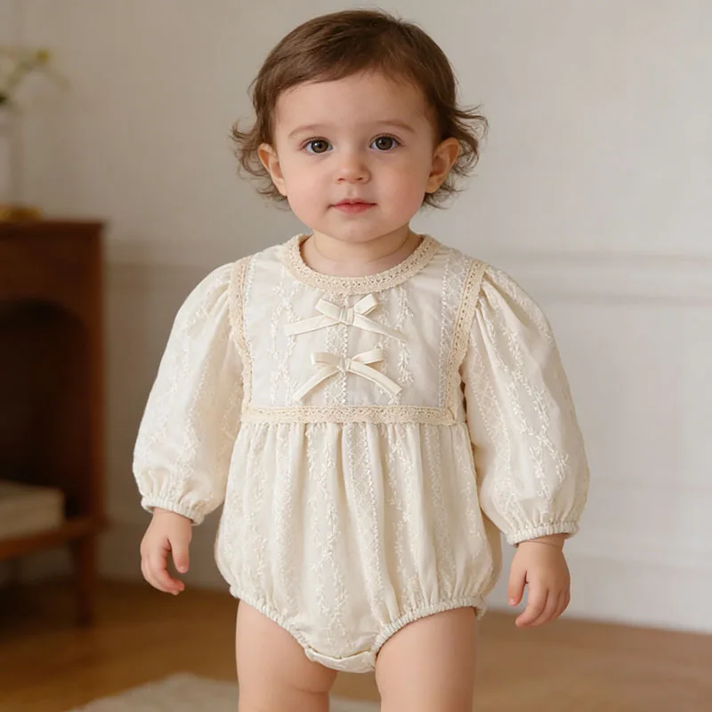 

Комбинезоны для девочек: весенняя одежда для новорожденных, ромпер с бантом-бабочкой, кружевным воротником и накладкой на низ, нарядный комплект для церемоний