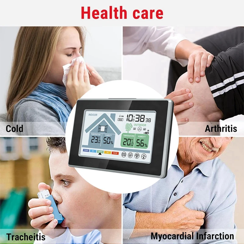Indoor Outdoor Temperature Humidity Meters Mould Alarm Weather Station Touch Screen Button Electronic Weather Alarm Clock