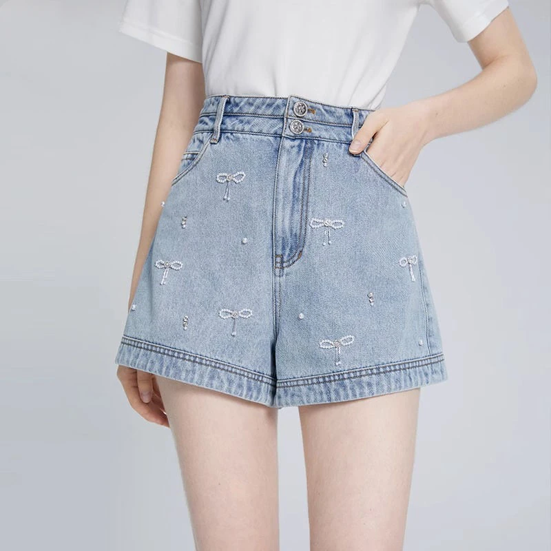 

Black Jeans Shorts Pant Women Diamond Decoration Fashion High Waist Wide Leg Shorts Pocket Loose Casual Summer Denim Shorts Q683