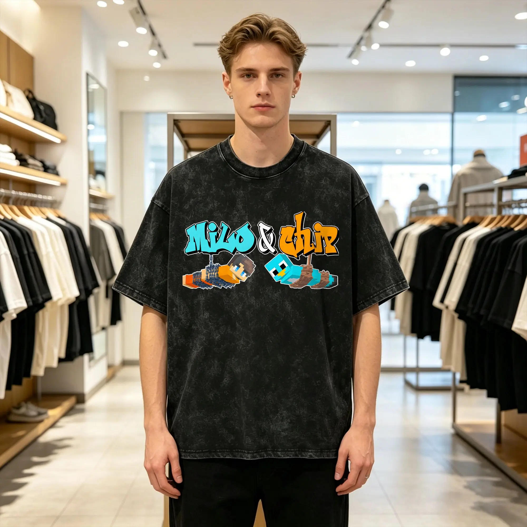Oversized Washed T-Shirt Milo And Chip Loose T-Shirts  Fashion Tee Shirt for Men Summer Awesome Print Clothes