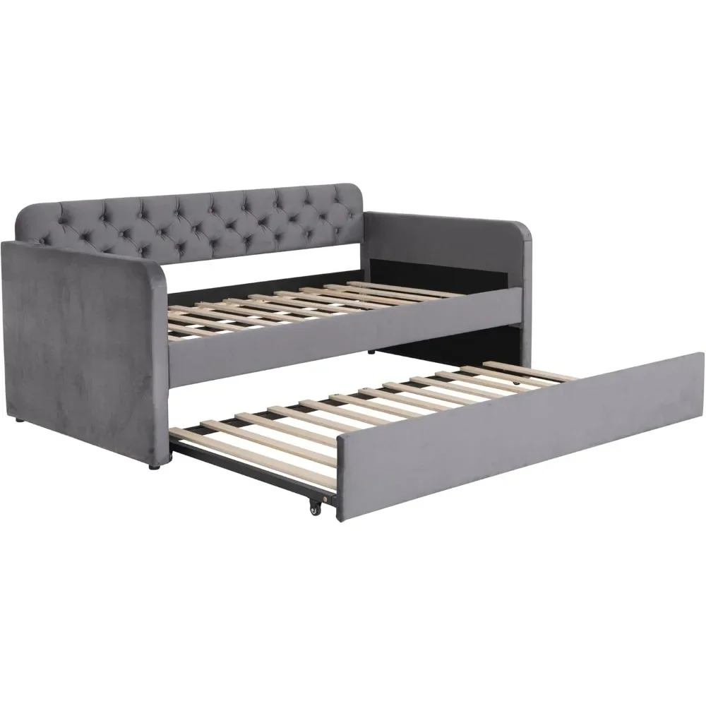 سرير نهاري مخملي منجد بحجم مزدوج مع منفذ شحن USB - إطار أريكة مزدوج الحجم معنقدة بأزرار، لا حاجة إلى صندوق زنبركي #4