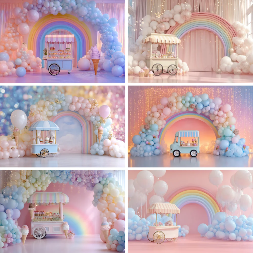 Ice Cream Truck Balloons Birthday Photography Background Colorful Air Balloon Baby Shower Kids Family Portrait Photo Backdrop