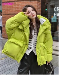 Green hooded down jacket for women 2023 winter new loose and warm small bread jacket jacket