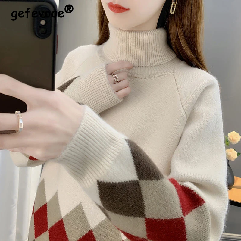 2023 Autumn Winter Women Argyle Patchwork Turtleneck Thick Knitted Sweater Female Casual Long Sleeve Loose Pullover Tops Jumpers